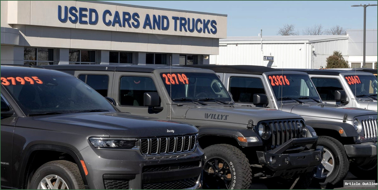 Confident used car buyer inspecting vehicle