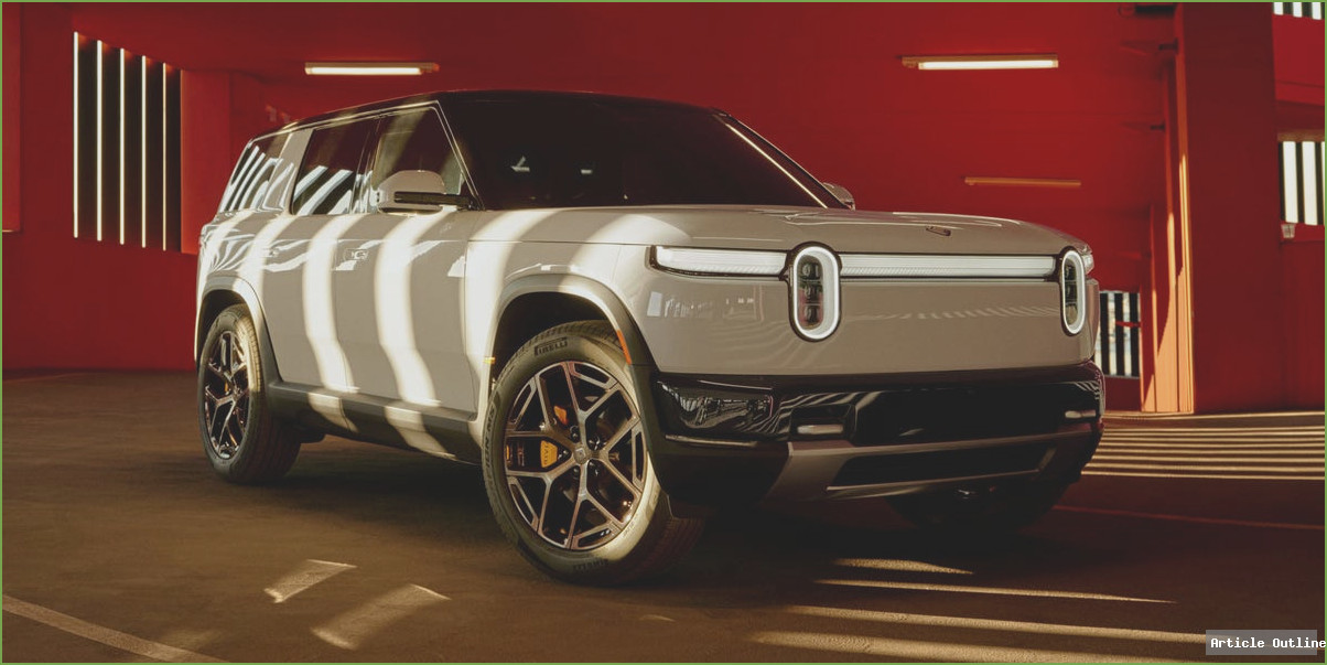 2028 Rivian R2 in blue, parked in nature