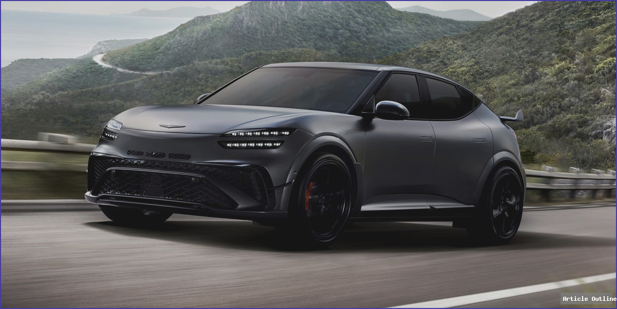 2027 Genesis GV60 Magma SUV parked on scenic overlook