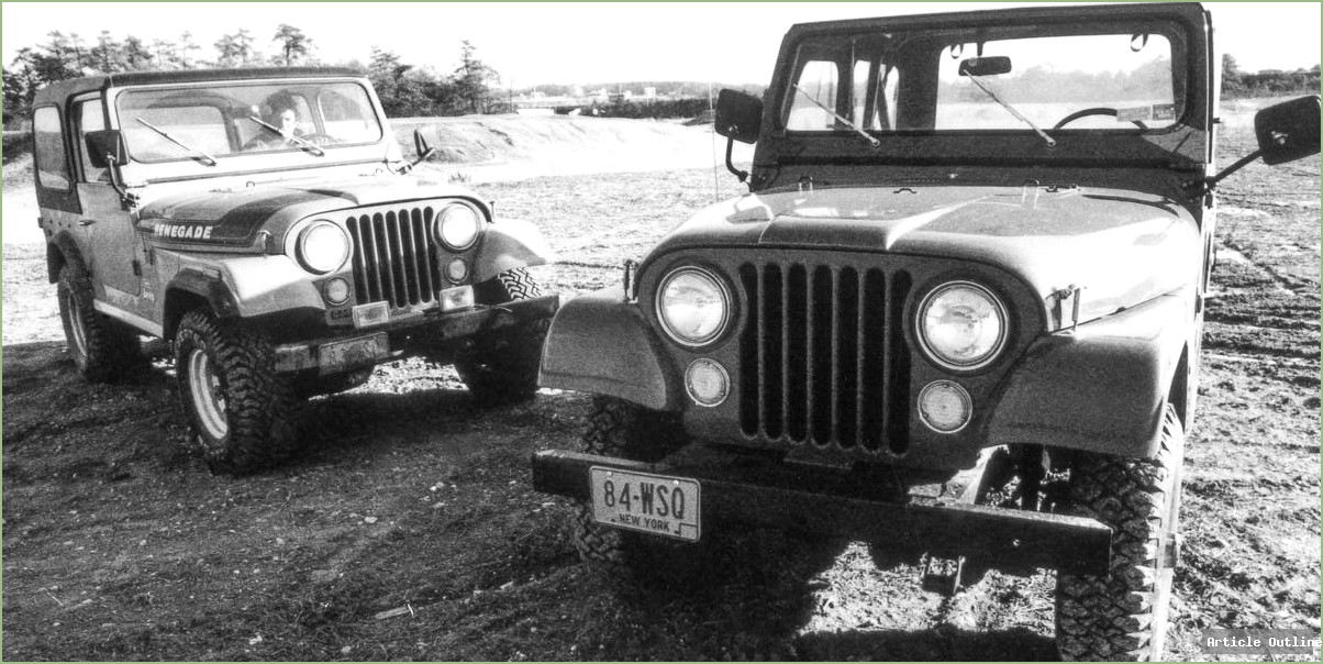 1976 Jeep CJ-5 and CJ-7 Renegade parked in rugged terrain